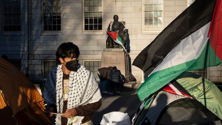 Harvard Üniversitesi'nde bir protestodaki öğrenciler Filistin bayrağı düzenliyorlar. Dosya Pic: AP/Ben Curtis