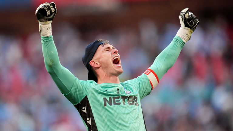 Crystal Palace goalkeeper Dean Henderson celebrates after the Emirates FA Cup final at Wembley Stadium, London. Picture date: Saturday May 17, 2025. PA 