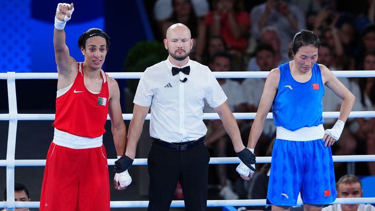 Algeria’s Imane Khelif (left) celebrates victory over China’s Liu Yang at the 2024 Paris Olympics. Pic: PA.