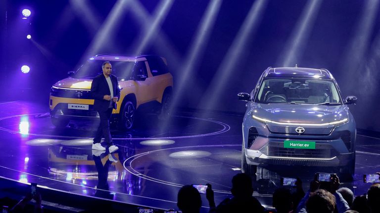 The new Tata Sierra EV and the new Tata Harrier EV at India's auto show in New Delhi in January. Pic: Reuters