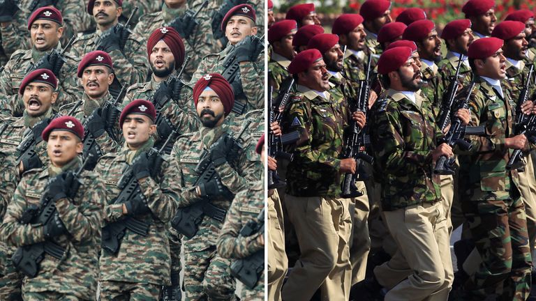 Soldiers from the Indian army (left) and Pakistani army (right). Pic: Reuters