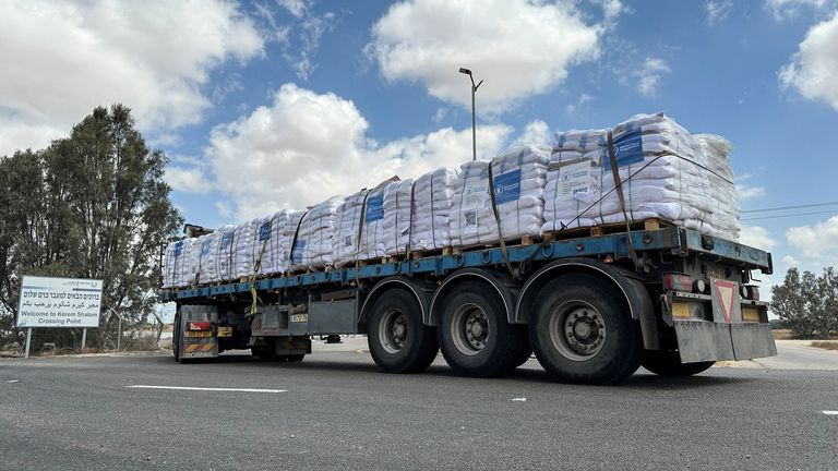 A truck carrying aid arrives at the Kerem Shalom crossing between Israel and Gaza.
Pic: Reuters