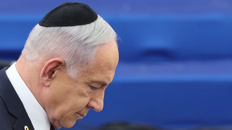 Israeli Prime Minister Benjamin Netanyahu speaks during the annual ceremony at the eve of Israel's Remembrance Day for fallen soldiers (Yom HaZikaron) at the Yad LaBanim Memorial in Jerusalem on Tuesday, April 29, 2025.  (Abir Sultan/Pool Photo via AP) 