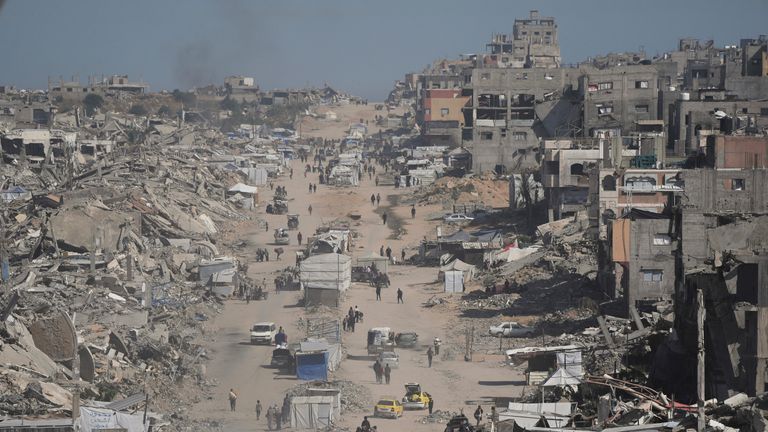 Displaced Palestinians fleeing Beit Lahia amid ongoing Israeli military operations in the Gaza Strip arrive in Jabalia, northern Gaza, on Friday, May 16, 2025. (AP Photo/Jehad Alshrafi)