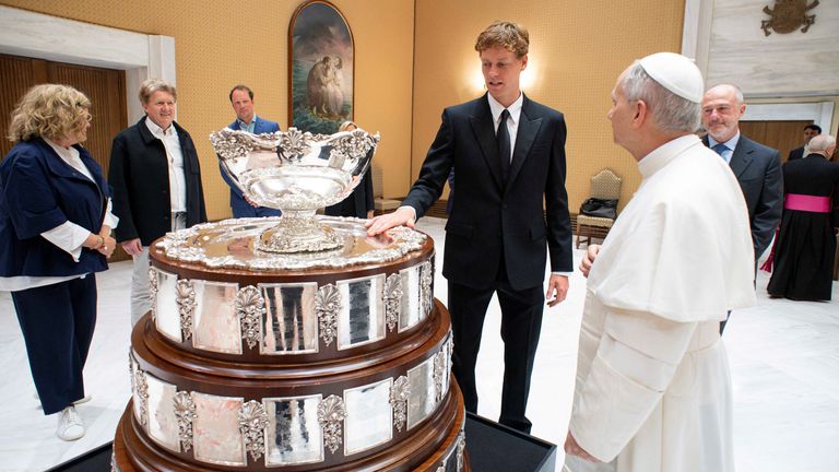 Jannik Sinner meets Pope Leo XIV during a private audience at the Vatican.
Pic: Vatican Media/Reuters