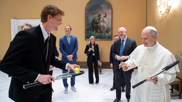 Jannik Sinner meets Pope Leo XIV during a private audience at the Vatican.
Pic: Vatican Media/Reuters