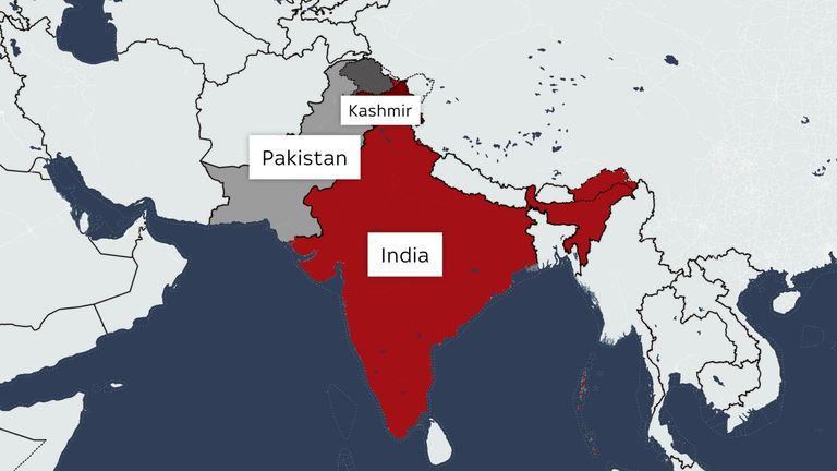 Map showing Kashmir in relation to India and Pakistan