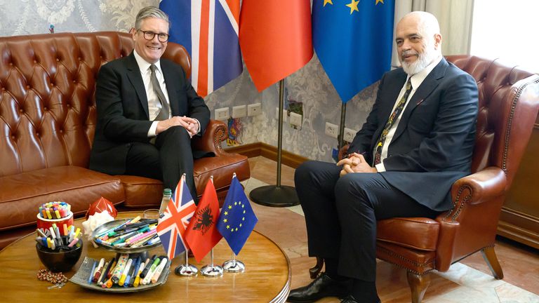 Keir Starmer attends a bilateral meeting with Edi Rama at the Kryeministria, Tirana, Albania.
Pic: PA