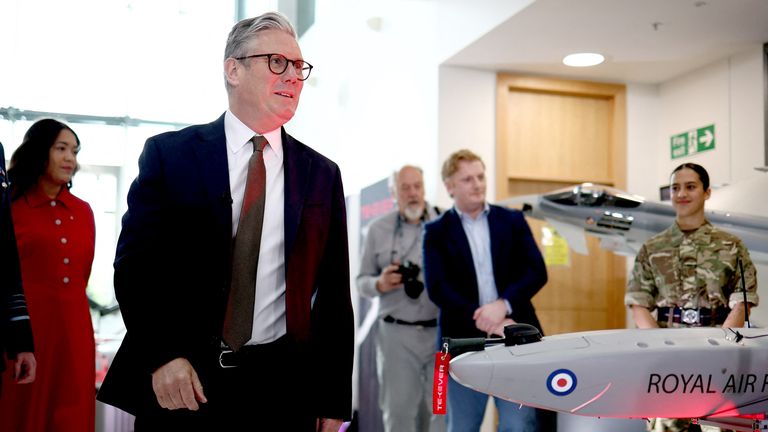 Keir Starmer arrives to visit to a defence contractor in Bedfordshire. Pic: Reuters