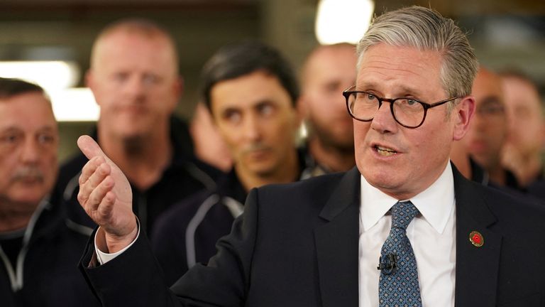 Keir Starmer speaks to employees at a car factory in the West Midlands.
Pic: Reuters