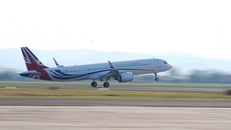 King Charles III and Queen Camilla's plane departs from Forli Airport as they leave Italy on the last day of the four day state visit. Picture date: Thursday April 10, 2025. Aaron Chown/Pool via REUTERS