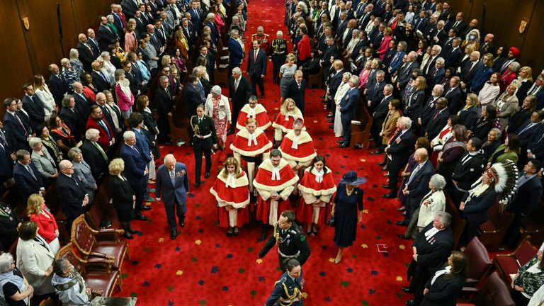 King Charles and Queen Camilla are led by procession to open the first session of the 45th Parliament of Canada