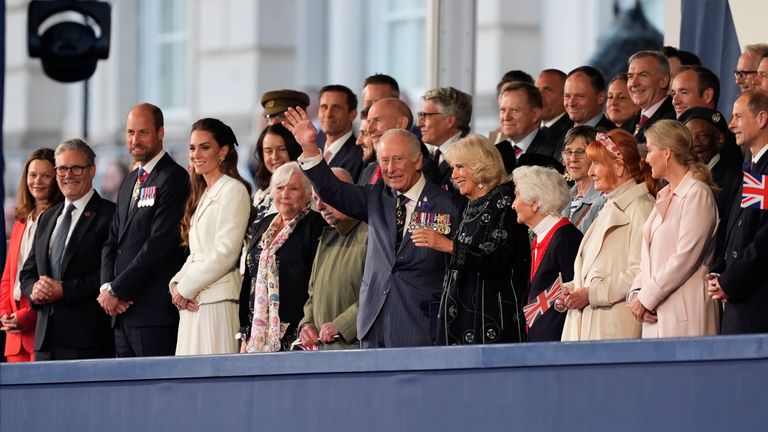 King Charles III and Queen Camilla alongside the Waleses at the concert celebrating the 80th Anniversary of VE Day, held at the historic Horse Guards Parade in central London. Pic: PA 