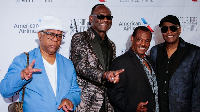 U.S. singers Dennis Thomas (L), George Brown (2nd L), Robert 'Kool' Bell (2nd R), and Ronald Bell (R), from the band Kool & The Gang arrive for the Songwriters Hall of Fame Awards in the Manhattan borough of New York City, New York, U.S., June 14, 2018. REUTERS/Eduardo Munoz
