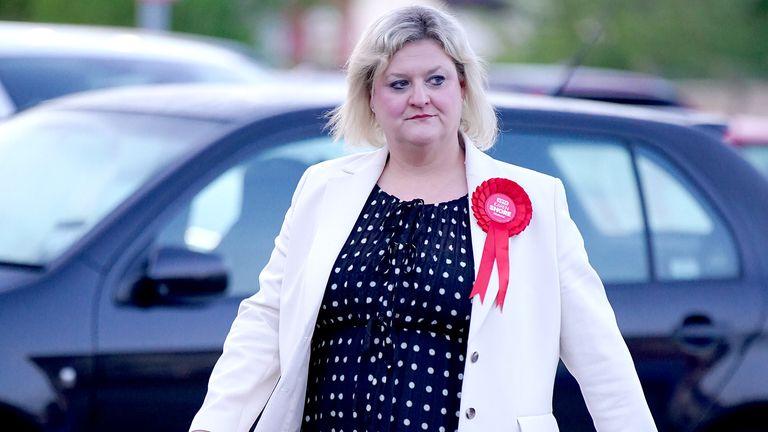 Labour party candidate Karen Shore arrives ahead of the result of the Runcorn and Helsby by-election.
Pic: PA