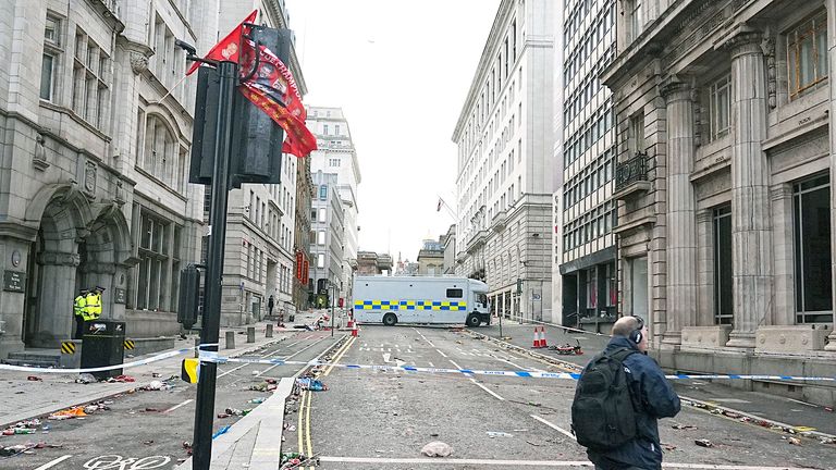The scene in Water Street near the Liver Building in Liverpool. Pic: PA