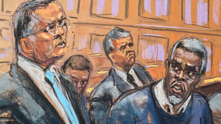 U.S. Marshalls sit behind Sean "Diddy" Combs as he sits at the defense table alongside lawyer Marc Agnifilo in the courtroom during his sex trafficking trial in New York City, New York, U.S., May 9, 2025 in this courtroom sketch. REUTERS/Jane Rosenberg