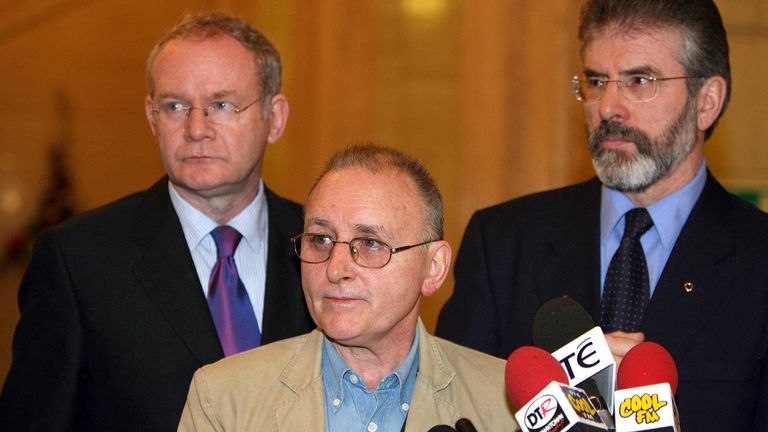 Martin McGuinnes, Denis Donaldson and Gerry Adams.
Pic: PA 