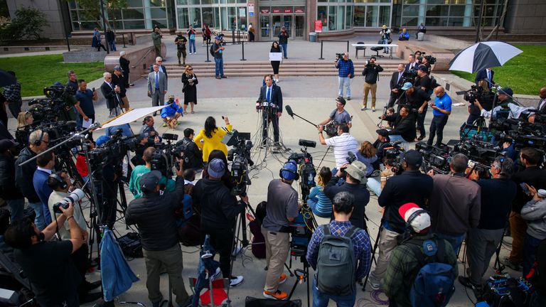 An official speaks to the media on Tuesday at the Menendez brothers' resentencing hearing.
Pic: Reuters