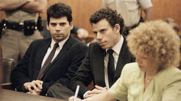 Lyle (left) and Erik Menendez in a courtroom in 1990.
Pic: AP