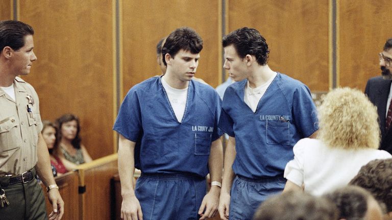 Lyle, left, and Erik Menendez leave a courtroom in Santa Monica in August, 1990.
Pic: AP