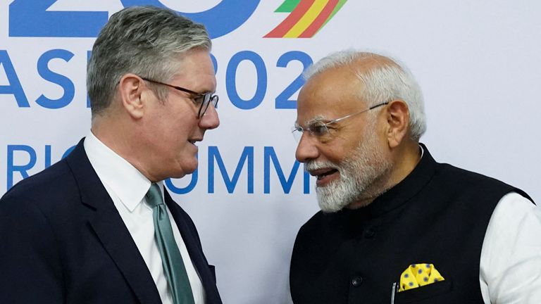 Sir Keir Starmer with the Indian PM, Narendra Modi at the G20 summit in Brazil in November 2024. Pic: Reuters