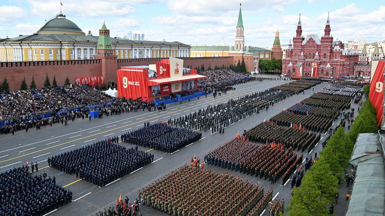 A general view shows Red Square during a military parade on Victory Day, marking the 80th anniversary of the victory over Nazi Germany in World War Two, in central Moscow, Russia, May 9, 2025. Ivan Sekretarev/Host agency RIA Novosti/Handout via REUTERS ATTENTION EDITORS - THIS IMAGE WAS PROVIDED BY A THIRD PARTY.