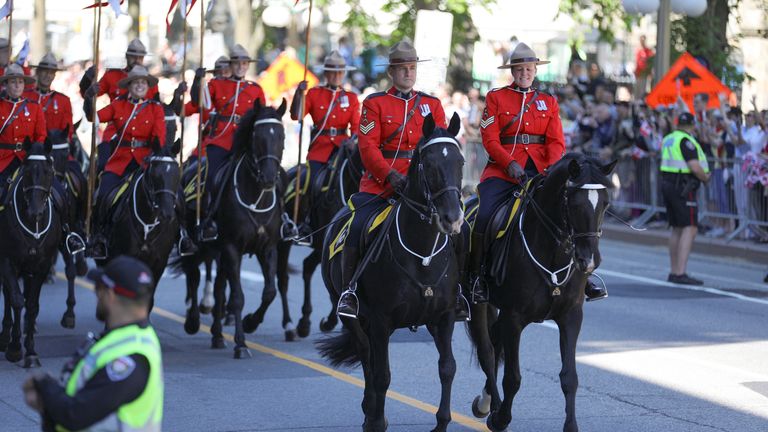 Royal Canadian Mounted Police (RCMP) officers on horseback ride towards the Senate of Canada  Building on the day of Britain's King Charles' visit, in Ottawa, Ontario, Canada.
Pic: Reuters