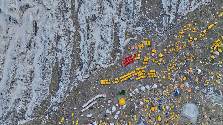 An aerial view shows Everest Base Camp on the way to the summit of Mount Everest in Nepal, April 26, 2025. (AP Photo/Pasang Rinzee Sherpa)