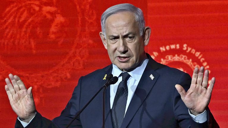Israeli Prime Minister Benjamin Netanyahu gives a speech in Jerusalem, Israel on April 27, 2025. ( The Yomiuri Shimbun via AP Images )