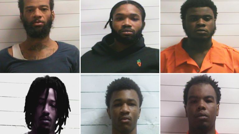 This photo combo shows inmates who escaped from a New Orleans jail, from left top: Keith A Lewis, Dkenan Dennis,  Gary C Price, bottom from left, Robert Moody, Kendell Myles,  Corey E Boyd.  (Orleans Parish Sheriff's Office via AP)
