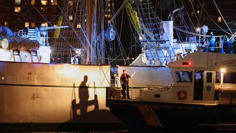 A New York Police Department harbour unit prepares to board the Cuauhtemoc. Pic: AP
