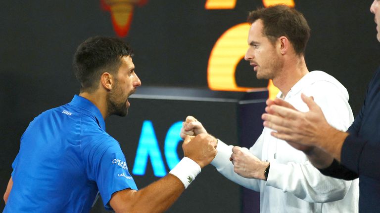 Tennis - Australian Open - Melbourne Park, Melbourne, Australia - January 22, 2025.Serbia's Novak Djokovic celebrates with his coach Andy Murray after winning his quarter final match against Spain's Carlos Alcaraz REUTERS/Edgar Su