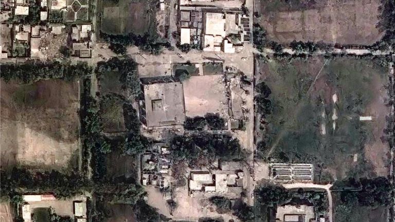 Satellite imagery shows Markaz Taiba Mosque after the strike on May 7th. Credit: Maxar. 