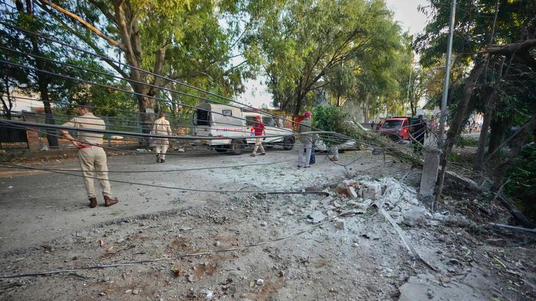 Afermath of a Pakistan drone attack on a residential building in Jammu, India. Pic: AP/Channi Anand)