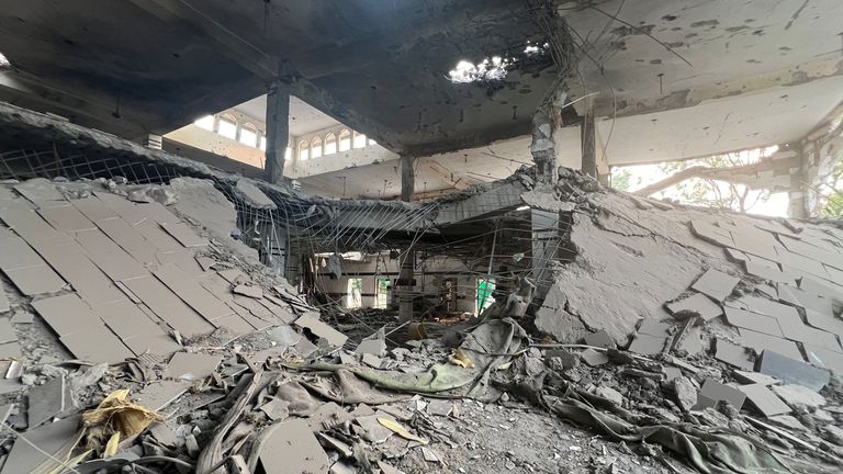 A damaged portion of a mosque after it was hit by an Indian strike, in Muridke near Lahore, Pakistan.
Pic: Reuters