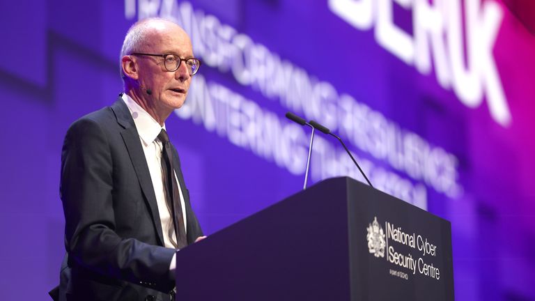 Pat McFadden delivers a keynote speech to the CyberUK conference.
Pic: PA