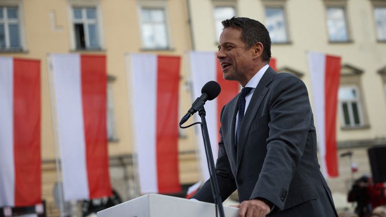 Civic Coalition presidential candidate Warsaw Mayor Rafal Trzaskowski speaks during an election rally in Krakow, Poland, May 13, 2025. REUTERS/Kacper Pempel