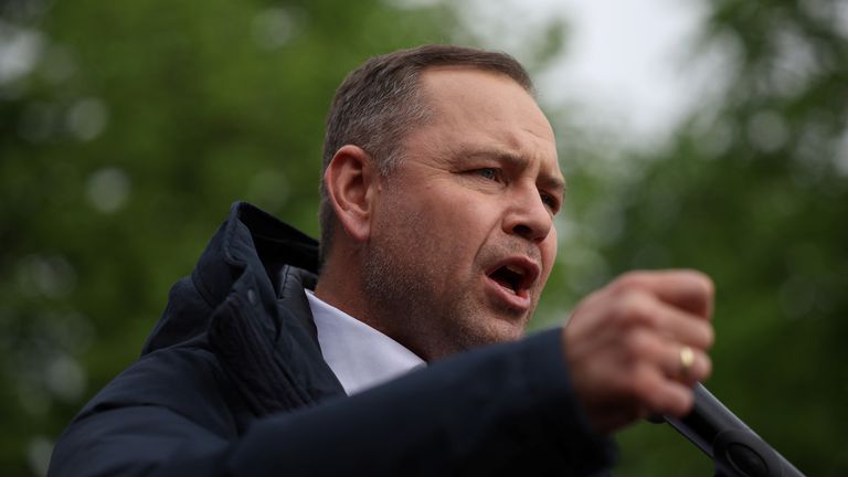 FILE PHOTO: Karol Nawrocki, a candidate for Polish presidential election supported by Poland's main opposition party Law and Justice (PiS), gestures during his speech at a campaign meeting with supporters in Garwolin, Poland, May 5, 2025. REUTERS/Kacper Pempel/File Photo