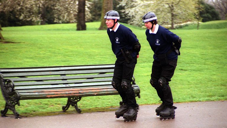 Royal Parks Constabulary officers wearing roller-blades in Kensington Palace Gardens in 2000. Pic: PA