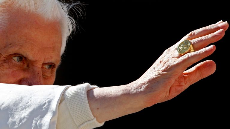 Pope Benedict XVI waves his Fisherman's Ring during a weekly audience in 2010. Pic: Reuters 