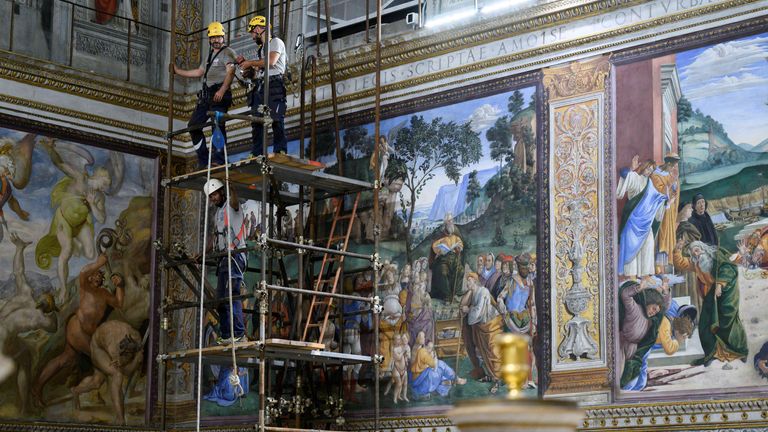 Scaffolding had to be set up in the chapel to install the chimney. Pic: Vatican Media/Reuters