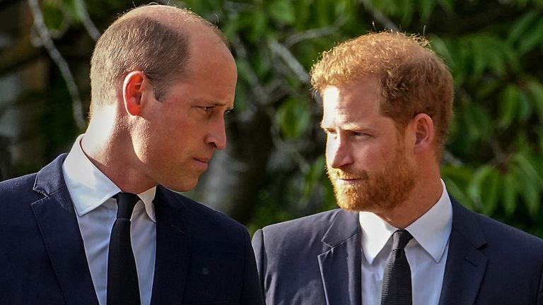 FILE - Britain&#39;s Prince William and Britain&#39;s Prince Harry walk beside each other after viewing the floral tributes for the late Queen Elizabeth II outside Windsor Castle, in Windsor, England on Sept. 10, 2022. (AP Photo/Martin Meissner, File)