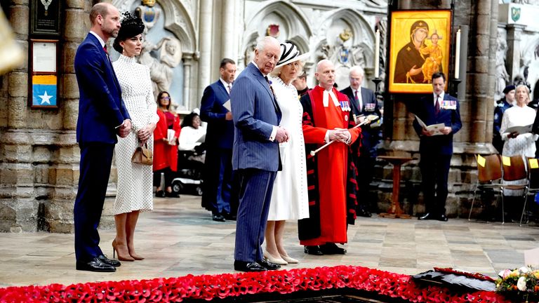The Prince and Princess of Wales and King Charles and Queen Camilla attend a Service of Thanksgiving at Westminster Abbey.
Pic: Reuters