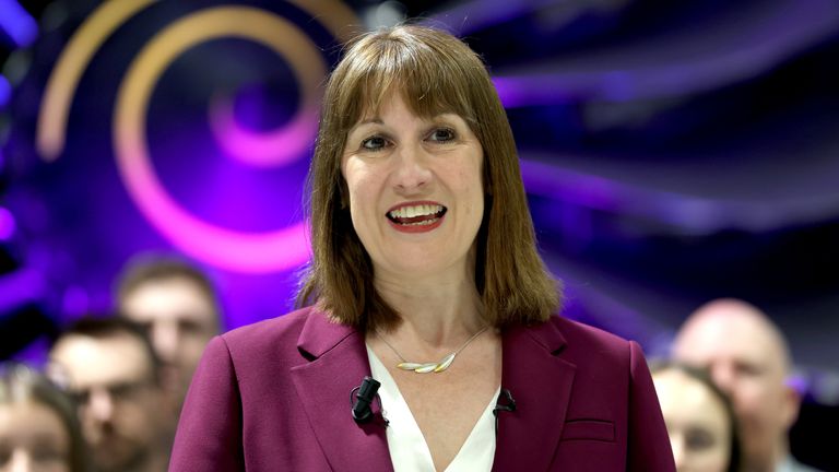 Rachel Reeves speaks with the media at the Rolls-Royce factory in Derby.
Pic: PA