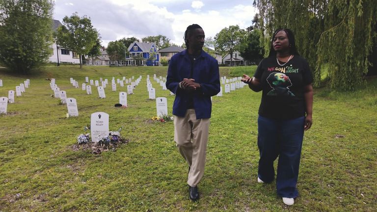 Sky News correspondent Shingi Mararike with activist Nikema Levy at the "Say Their Names" cemetery