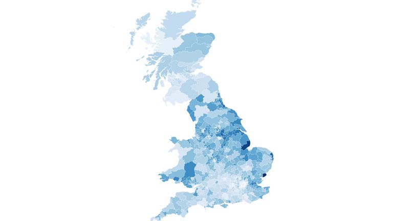Support for Reform, shown in darker shades, is strongest on the east coast. Source: More in Common's MRP (April 2025)