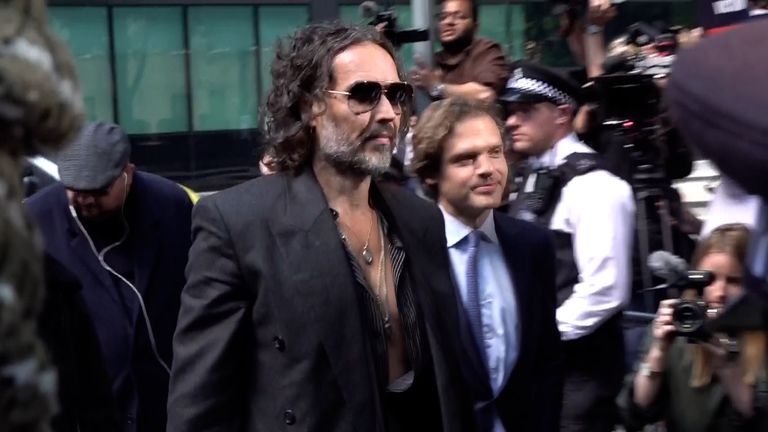 Russell Brand arrives at Southwark Crown Court after rape and sexual assault charges | News UK Video News | Sky News