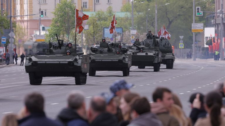 Russian infantry vehicles during preparations for the Victory Day parade. Pic: Reuters