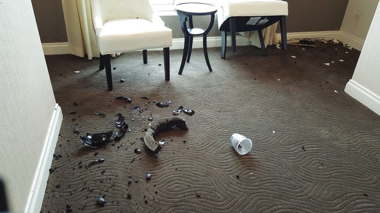 Damages are seen after an altercation by Sean "Diddy" Combs against his ex-girlfriend Casandra "Cassie" Ventura on March 5, 2016, in a photograph taken in the hallway of a Los Angeles hotel which was entered as evidence in New York sex trafficking trial. Department of Justice/Handout via REUTERS
